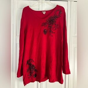 Chico's Red Long Sleeve Top with Black Embellishments